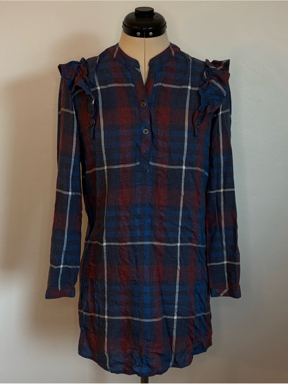 Anthropologie Cloth & Stone Plaid Ruffle Shirt Dress, Burgundy Red & Blue, PXXS